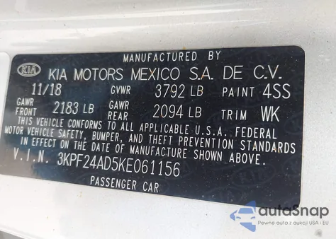 2019 Kia Forte Lxs z USA, uszkodzony, nr VIN 3KPF24AD5KE061156